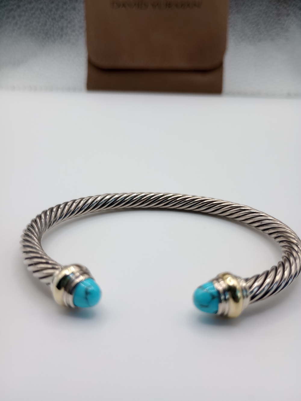 David Yurman 5 mm Silver Cable Cuff with Turquoise and Gold Accents - Picture 2 of 12